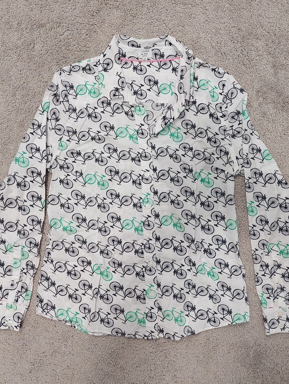 Crown & Ivy Bicycle Print Button-up Shirt Small Petite White Blue Green